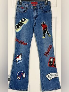 Le More Y2K Patchwork Jeans Women’s Juniors Sz 5 Hip Hop Embroidered Flare Denim